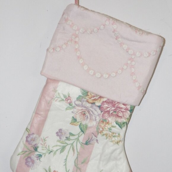 Pink Floral Stripe 14" Hand Crafted Christmas Stocking Pink Cord to Hang - Picture 1 of 5